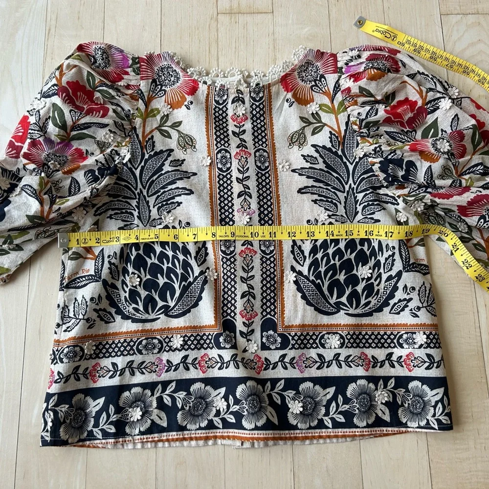 FARM Rio Romantic Garden Blouse 100% Cotton Tan w/Tropical Floral Print Sz Small - Picture 10 of 14